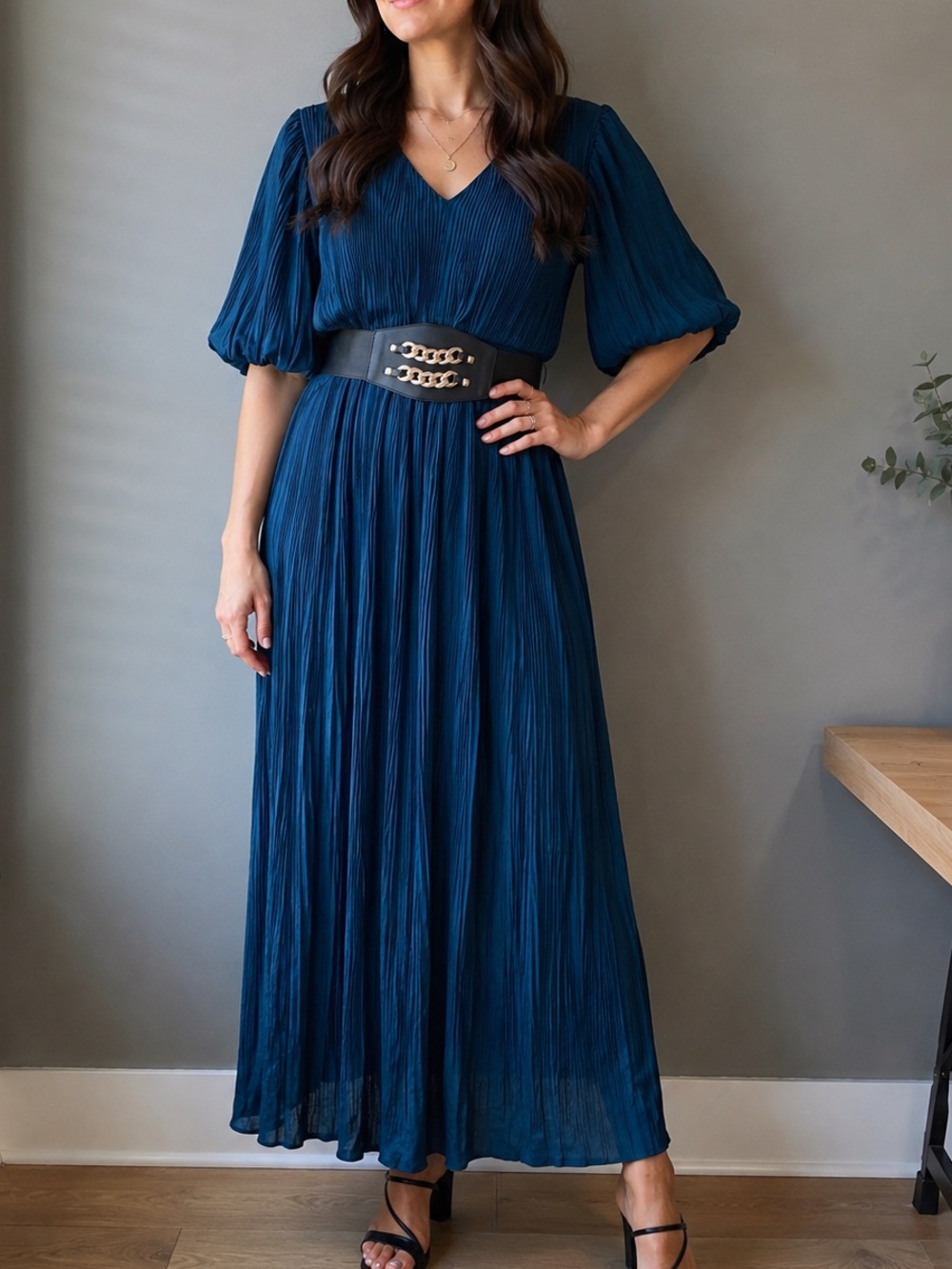 ZOLA Teal Pleated Maxi Dress with Statement Waist Belt Size Medium